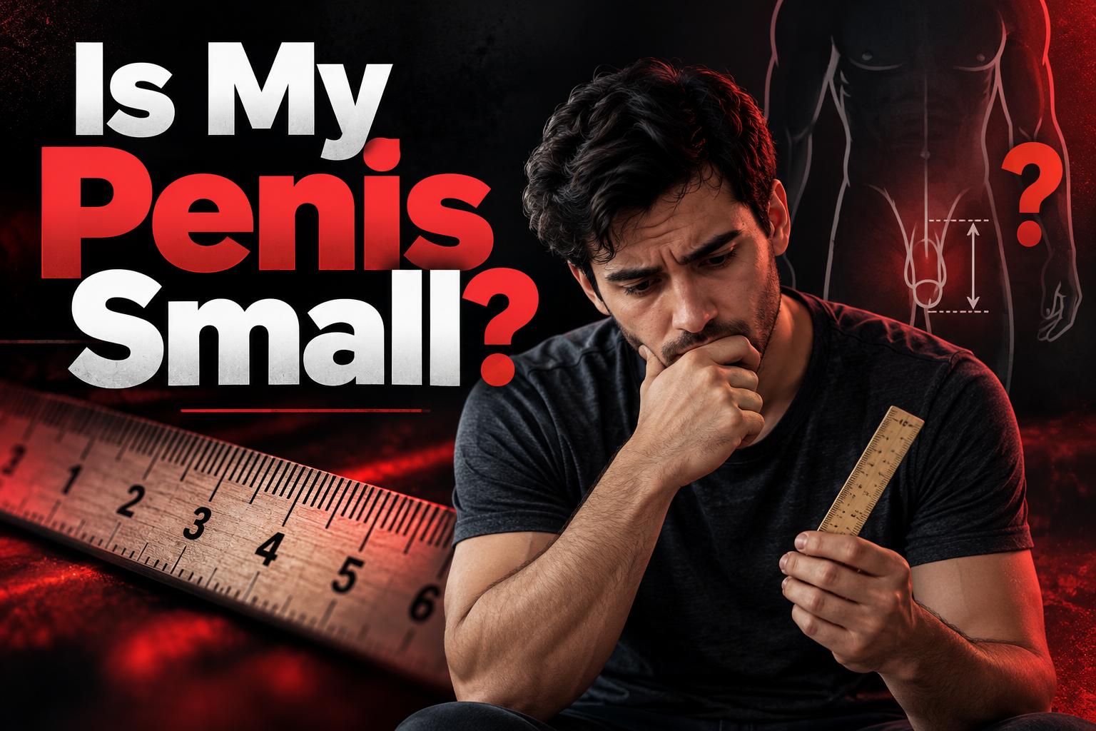 Worried man holding a ruler beside the title “Is My Penis Small?” with measurement graphics, representing penis size anxiety and male body-image concerns.