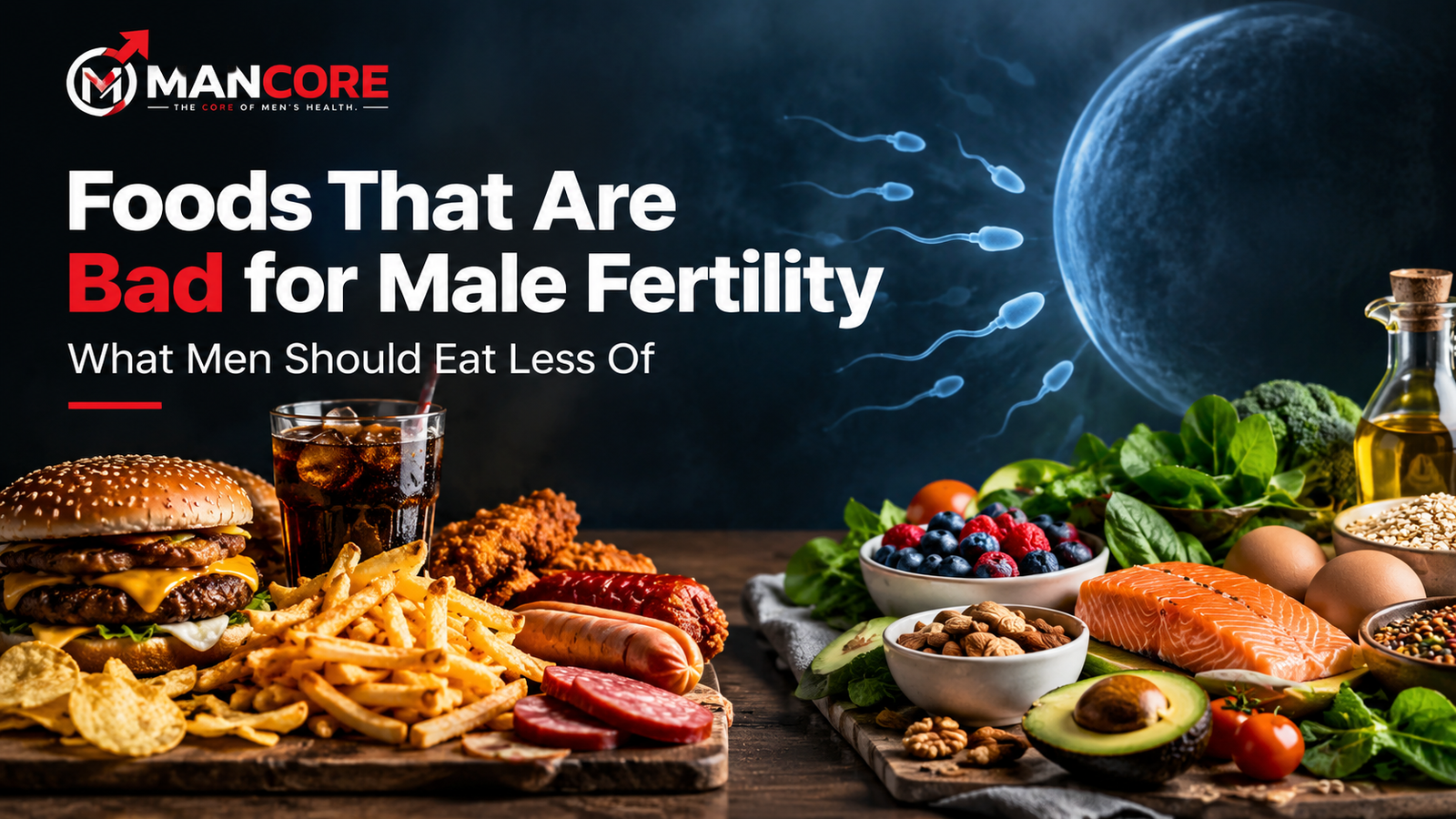 Foods that may harm male fertility, including processed meats, fast food, sugary drinks, and fried foods, contrasted with nutrient-rich foods such as salmon, vegetables, berries, nuts, eggs, and avocado.
