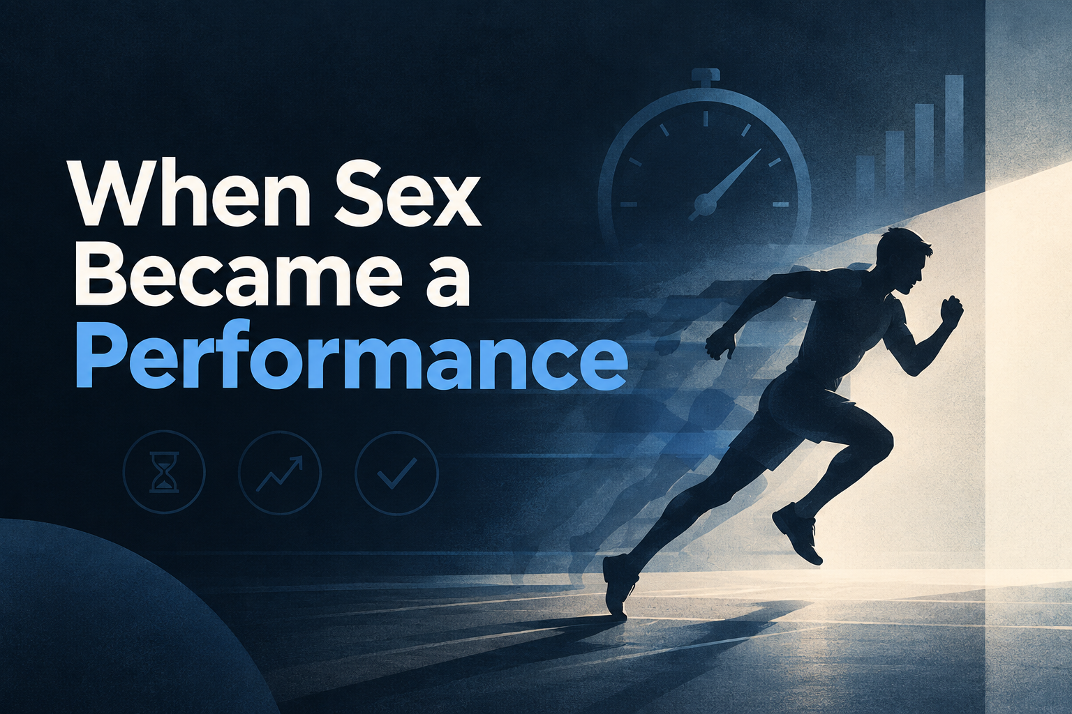When Sex Became a Performance” featured image showing an abstract running man, stopwatch and performance-inspired graphics against a dark blue background.